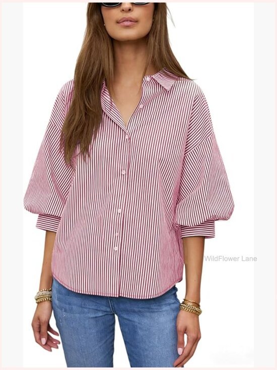 Tops - Striped Button Down Shirt 3/4 Puff Sleeve Collared V Neck Loose Blouse
